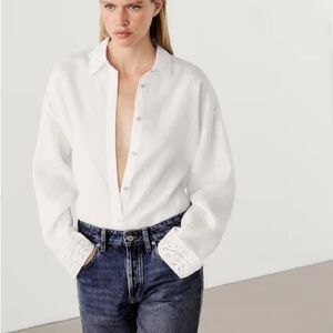 Massimo Dutti white linen shirt with embroidered lace collar